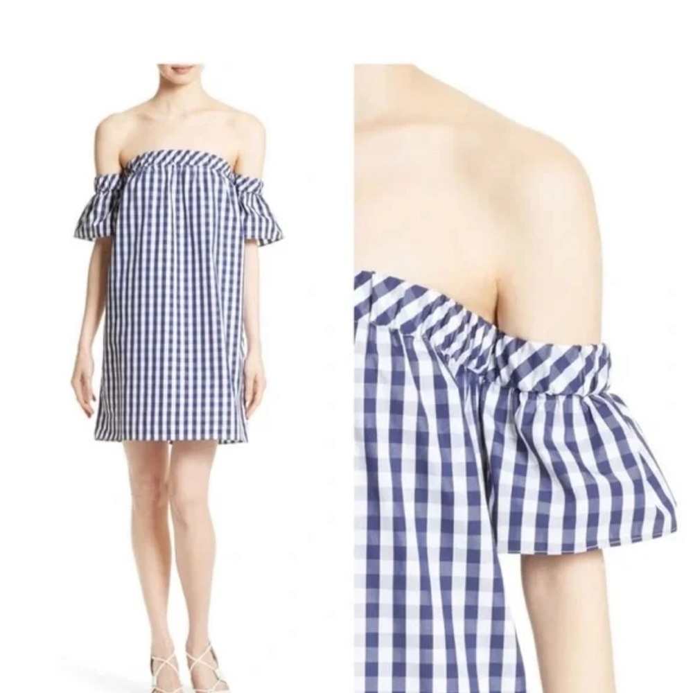 MILLY blue and white checked, off the shoulder flutter sleeve